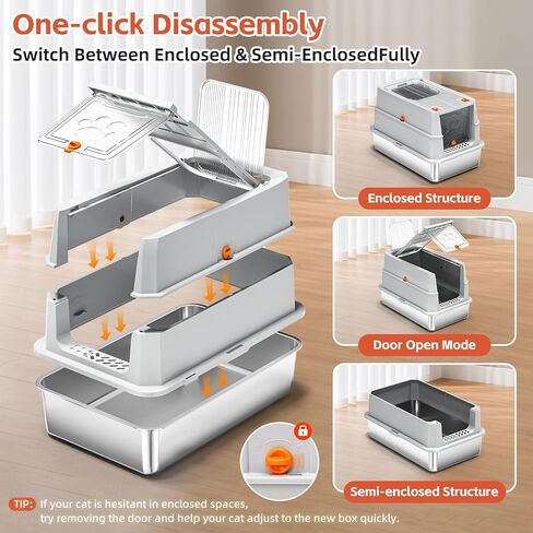 Stainless Steel Litter Box with lid,165° Flip-Top Large Enclosed Cat Litter Box with Metal Litter Scoop & Cat Litter Mat.Non-Sticky, Non-Odor, Easy Cleaning-Light Gray in Kuwait