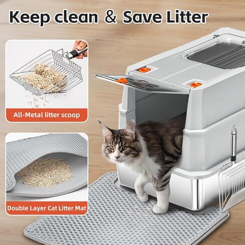 Stainless Steel Litter Box with lid,165° Flip-Top Large Enclosed Cat Litter Box with Metal Litter Scoop & Cat Litter Mat.Non-Sticky, Non-Odor, Easy Cleaning-Light Gray in Kuwait
