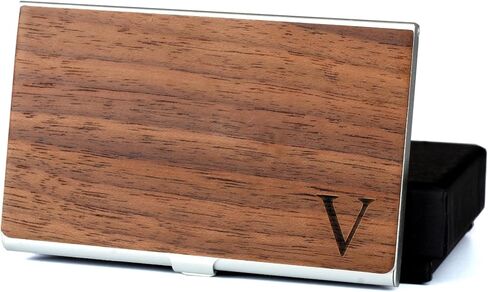 حامل بطاقة العمل Walnut Wood & Stainsal Steel Card Card مع A-Z الأولي (D) in Kuwait