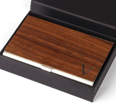 حامل بطاقة العمل Walnut Wood & Stainsal Steel Card Card مع A-Z الأولي (D) in Kuwait