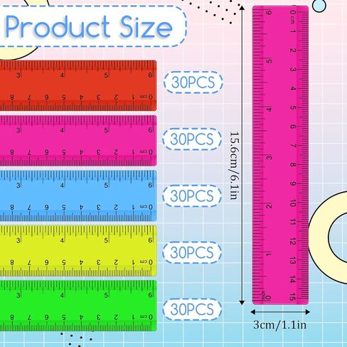 150 Pcs 6 Inch Rulers Bulk, Clear Plastic Assorted Color Metric Rulers with Inches Centimeters Millimeter, Flexible Small Straight Rulers, First Day of School Gift for Students in Saudi Arabia