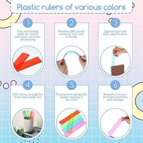 150 Pcs 6 Inch Rulers Bulk, Clear Plastic Assorted Color Metric Rulers with Inches Centimeters Millimeter, Flexible Small Straight Rulers, First Day of School Gift for Students in Saudi Arabia