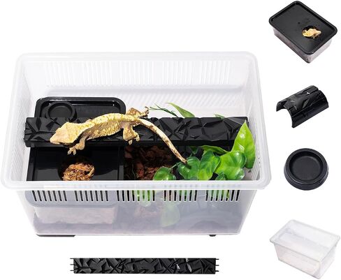 مجموعة موائل Gecko - 3.5 جالون زواحف تيريوم مع غطاء مهووس ، خزان جيكو مع إخفاء الرطوبة ، حافة الزواحف ، طبق التغذية - السحلية القابلة للتكديس ل geckos ، البرمائيات ، الحيوانات الصغيرة in Saudi Arabia