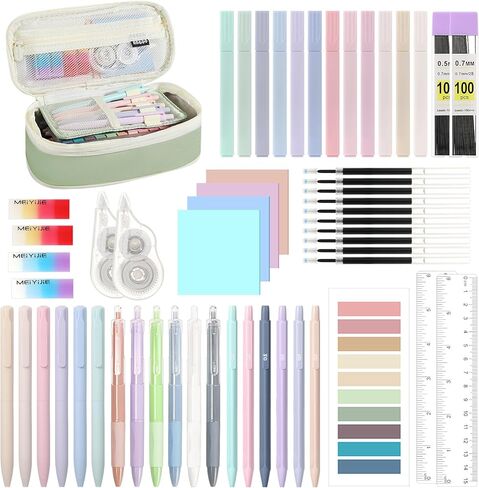 Moko 56 PCS اللوازم المدارس الجمالية مع حقيبة قلم رصاص ، قرطاسية لطيفة لمكتب الطلاب ، 12 أقلام هلام ، 12 باستيل هايترايت ، 6 أقلام ميكانيكية 0.5 و 0.7 ملم ، علامة تبويب مؤشر الملاحظة اللزجة (الوردي) in Kuwait