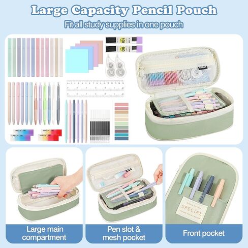 Moko 56 PCS اللوازم المدارس الجمالية مع حقيبة قلم رصاص ، قرطاسية لطيفة لمكتب الطلاب ، 12 أقلام هلام ، 12 باستيل هايترايت ، 6 أقلام ميكانيكية 0.5 و 0.7 ملم ، علامة تبويب مؤشر الملاحظة اللزجة (الوردي) in Kuwait
