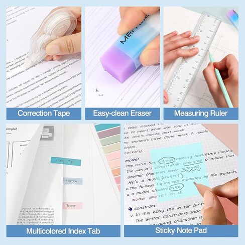 Moko 56 PCS اللوازم المدارس الجمالية مع حقيبة قلم رصاص ، قرطاسية لطيفة لمكتب الطلاب ، 12 أقلام هلام ، 12 باستيل هايترايت ، 6 أقلام ميكانيكية 0.5 و 0.7 ملم ، علامة تبويب مؤشر الملاحظة اللزجة (الوردي) in Kuwait