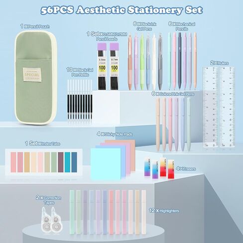 Moko 56 PCS اللوازم المدارس الجمالية مع حقيبة قلم رصاص ، قرطاسية لطيفة لمكتب الطلاب ، 12 أقلام هلام ، 12 باستيل هايترايت ، 6 أقلام ميكانيكية 0.5 و 0.7 ملم ، علامة تبويب مؤشر الملاحظة اللزجة (الوردي) in Kuwait