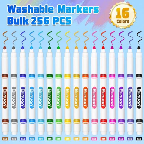 256 Count Washable Markers Bulk, 16 Assorted Colors, Colored Thin Marker with Conical Tip, Washable Markers for Kids, Bulk Marker for Classroom, School Art Supplies for Students Teachers in Saudi Arabia