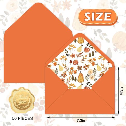 Whaline 50Pcs Fall Invitation Envelopes Pumpkin Floral Greeting Card Holders Autumn Thanksgiving V-Flap Card Sleeves with Stickers for Mailing Sending Cards, 5.3 x 7.3 Inch in Saudi Arabia
