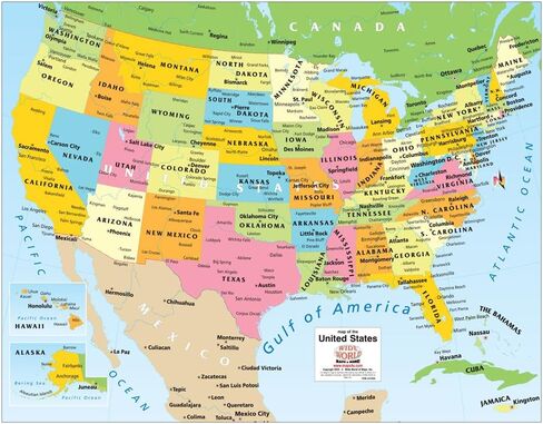 Colorful United States Wall Map showing Gulf of America (25" × 19") in Saudi Arabia
