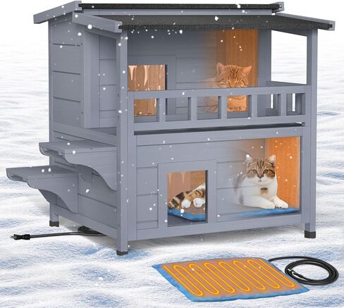 Heated Cat House for Outside - Insulated Cat House Outdoor with Liner, Heated Pad, Escape Door, 2-Storey Winter Weatherproof Feral Cat Shelter, Wooden Cat Home for Multiple Cats, Grey in Kuwait