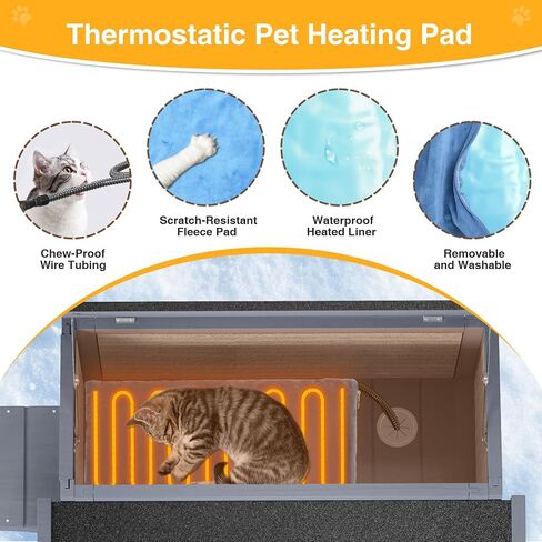 Heated Cat House for Outside - Insulated Cat House Outdoor with Liner, Heated Pad, Escape Door, 2-Storey Winter Weatherproof Feral Cat Shelter, Wooden Cat Home for Multiple Cats, Grey in Kuwait