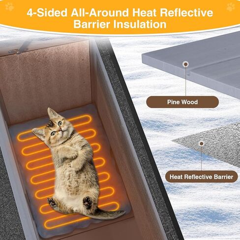 Heated Cat House for Outside - Insulated Cat House Outdoor with Liner, Heated Pad, Escape Door, 2-Storey Winter Weatherproof Feral Cat Shelter, Wooden Cat Home for Multiple Cats, Grey in Kuwait