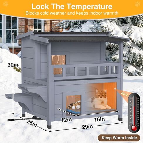 Heated Cat House for Outside - Insulated Cat House Outdoor with Liner, Heated Pad, Escape Door, 2-Storey Winter Weatherproof Feral Cat Shelter, Wooden Cat Home for Multiple Cats, Grey in Kuwait