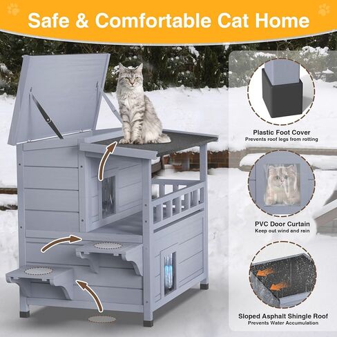 Heated Cat House for Outside - Insulated Cat House Outdoor with Liner, Heated Pad, Escape Door, 2-Storey Winter Weatherproof Feral Cat Shelter, Wooden Cat Home for Multiple Cats, Grey in Kuwait