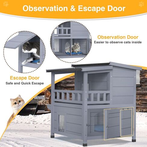 Heated Cat House for Outside - Insulated Cat House Outdoor with Liner, Heated Pad, Escape Door, 2-Storey Winter Weatherproof Feral Cat Shelter, Wooden Cat Home for Multiple Cats, Grey in Kuwait
