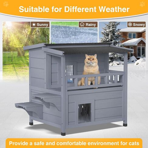 Heated Cat House for Outside - Insulated Cat House Outdoor with Liner, Heated Pad, Escape Door, 2-Storey Winter Weatherproof Feral Cat Shelter, Wooden Cat Home for Multiple Cats, Grey in Kuwait
