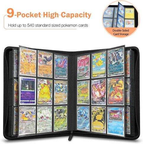 9 Pocket Card Binder, 540 Cards Trading Cards Games Collection Holder with YKK Metal Zipper & Side-Loading Sleeves, Premium Gift for Card Collectors (Black) in Saudi Arabia