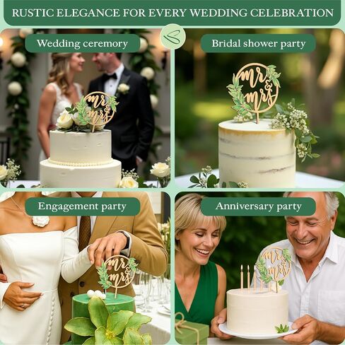 كعكة الزفاف الريفية أغطية أعلى القبعات العروس والعريس - بوهو MR و Mrs Cake Topper ، وود MR و MRS لتوصيل ديكور دش الزفاف ، Sage Green Wedding Cake Cake in Saudi Arabia