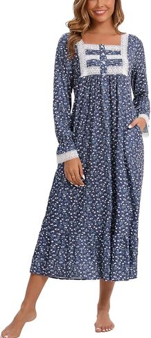 Rubehoow Women's Nightgown Victorian Nightwear Long Sleeve Vintage Pajama Dress Soft Cotton Loungewear with Pockets in Kuwait
