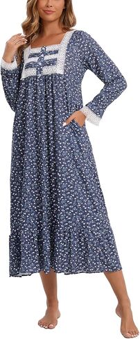 Rubehoow Women's Nightgown Victorian Nightwear Long Sleeve Vintage Pajama Dress Soft Cotton Loungewear with Pockets in Kuwait