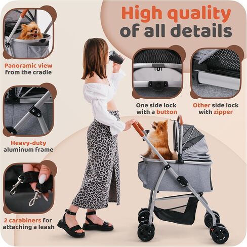 Pet Stroller for Small Medium Dogs & Cats – 2-in-1 Detachable Carrier, Zipperless Entry, Lightweight Folding Travel Stroller with Storage Basket, Cup Holder, Gray in Saudi Arabia