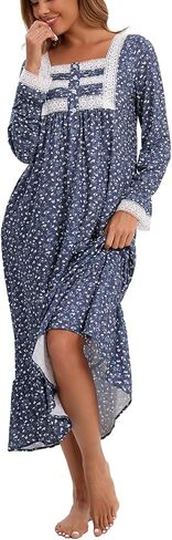Rubehoow Women's Nightgown Victorian Nightwear Long Sleeve Vintage Pajama Dress Soft Cotton Loungewear with Pockets in Kuwait