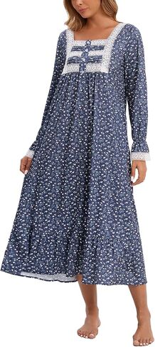 Rubehoow Women's Nightgown Victorian Nightwear Long Sleeve Vintage Pajama Dress Soft Cotton Loungewear with Pockets in Kuwait
