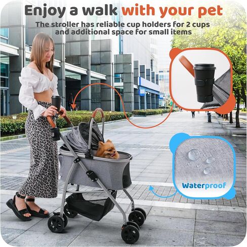 Pet Stroller for Small Medium Dogs & Cats – 2-in-1 Detachable Carrier, Zipperless Entry, Lightweight Folding Travel Stroller with Storage Basket, Cup Holder, Gray in Saudi Arabia