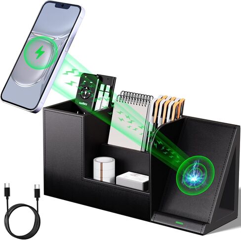 Pen Organizer with Phone Stand,Black Vegan Leather Desk Organizers with Remote Control Holder,Pencil Holder for Desk,Desk Organizer with Phone Charger for Office/Nightstand/Endtable in Kuwait