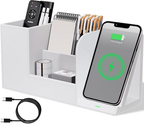 Pen Organizer with Phone Stand,Black Vegan Leather Desk Organizers with Remote Control Holder,Pencil Holder for Desk,Desk Organizer with Phone Charger for Office/Nightstand/Endtable in Kuwait