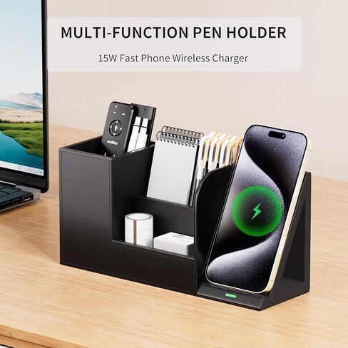 Pen Organizer with Phone Stand,Black Vegan Leather Desk Organizers with Remote Control Holder,Pencil Holder for Desk,Desk Organizer with Phone Charger for Office/Nightstand/Endtable in Kuwait