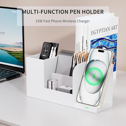 Pen Organizer with Phone Stand,Black Vegan Leather Desk Organizers with Remote Control Holder,Pencil Holder for Desk,Desk Organizer with Phone Charger for Office/Nightstand/Endtable in Kuwait