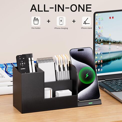 Pen Organizer with Phone Stand,Black Vegan Leather Desk Organizers with Remote Control Holder,Pencil Holder for Desk,Desk Organizer with Phone Charger for Office/Nightstand/Endtable in Kuwait