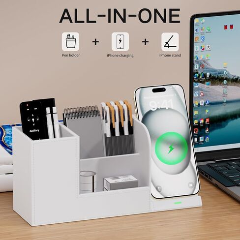 Pen Organizer with Phone Stand,Black Vegan Leather Desk Organizers with Remote Control Holder,Pencil Holder for Desk,Desk Organizer with Phone Charger for Office/Nightstand/Endtable in Kuwait
