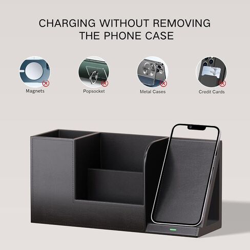 Pen Organizer with Phone Stand,Black Vegan Leather Desk Organizers with Remote Control Holder,Pencil Holder for Desk,Desk Organizer with Phone Charger for Office/Nightstand/Endtable in Kuwait