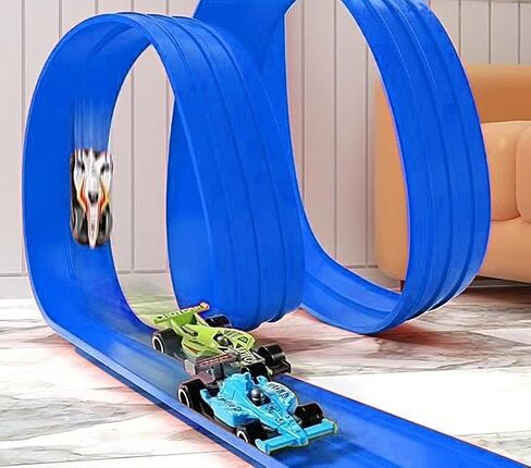 Flexable Race Car Track for Kids Toy with Suction Cups Compatible with 1/64th Cars 13 Feet Long Rolls Up Portable Racetrack (Blue Color) in Kuwait