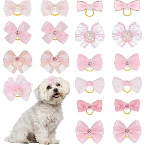20 PCS Pink Small Size Dog Bows with Rubber Bands Elastic Dog Bow for Hair Handmade Lace Rhinestone Pearls Cute Dogs Bow Knot for Girl Female Doggy Poodle Pet Animal Grooming Accessories in Kuwait