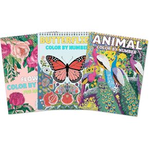 Ilyever 3 Pack Color by Number,Stress Relief Coloring Books for Adults,Spiral Bound Coloring Books for Women,Include 60 Patterns of Butterfly, Flowers,Animals for Adult Relaxation in Kuwait