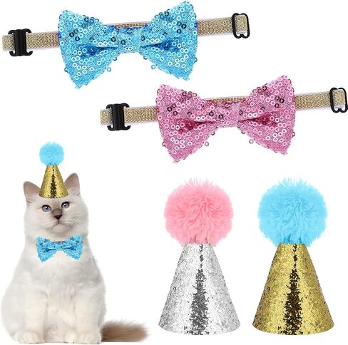 4 PCS CAT عيد ميلاد قبعة Bowtie ، وردي وأزرق صغير الكلب قبعة العجبة Topper Bowtie قابلة للضبط قابلة للتعديل Pet Party Hat و Tie Bow Breakaway مجموعة لذيذ القبعات القطط للقطط متوسطة الحيوانات الأليفة in Kuwait