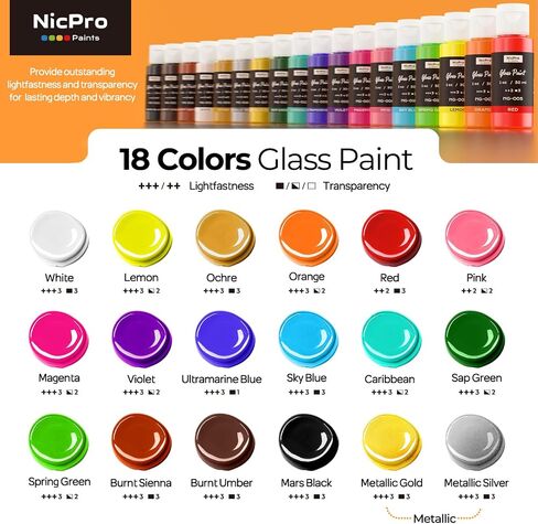 Nicpro 18 ألوان مجموعة طلاء زجاجية ملون ، 1 أوقية / 30 مل من مينا أكريليك مينا وكراميك للفنون للفنون على أكواب النبيذ الشفافة نوافذ مع 6 فرش ولوحة واحدة ، الانتهاء من غيرها in Saudi Arabia