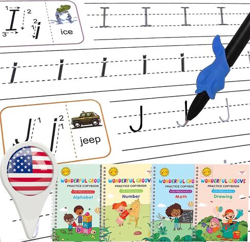 4 Magic Grooved Writing Practice for Kids - English Pre K Tracing Practice Book, Reusable Preschool Handwriting Workbooks Without Tears, 4-Theme Copybooks with Pen for Age 3-10 (English) in Kuwait