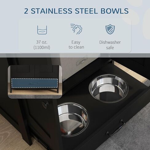 PawHut Dog Feeding Station, Dog Food Storage Cabinet with Hidden Bowls, Adjustable Panel, Hooks for Medium Sized Breeds, Black in Kuwait