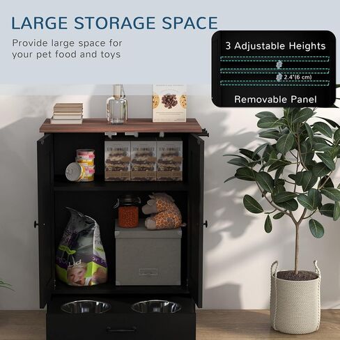 PawHut Dog Feeding Station, Dog Food Storage Cabinet with Hidden Bowls, Adjustable Panel, Hooks for Medium Sized Breeds, Black in Kuwait