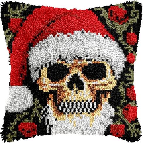 Latch Hook Kits Pillow Kits Christmas Skull Latch Hook Cushion Pillow Cover Embroidery Craft Kits for Beginner DIY Latch Hook Rug Kit with Printed Canvas Home Decor 43x43cm (24) in Saudi Arabia