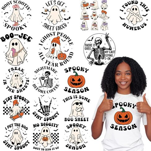 Transfers Halloween DTF جاهزة للضغط - 20 ورقة من Ghost Pumpkin Iron على عمليات النقل لملصقات Terts ، و Retro Boo Heat Transfer Finyl ، الحديد المخيف على شارات لأكياس الملابس DIY in Kuwait