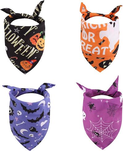 4pcs Halloween Dog Bandana, Adjustable Neckerchief Triangle Dog Scarf Pumpkin Ghost Spider Web Print Bibs Halloween Skeleton Puppy Handkerchief Costume Accessories for Small Medium Large Pet(Style A) in Saudi Arabia
