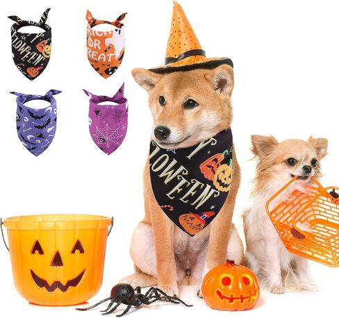 4pcs Halloween Dog Bandana, Adjustable Neckerchief Triangle Dog Scarf Pumpkin Ghost Spider Web Print Bibs Halloween Skeleton Puppy Handkerchief Costume Accessories for Small Medium Large Pet(Style A) in Saudi Arabia
