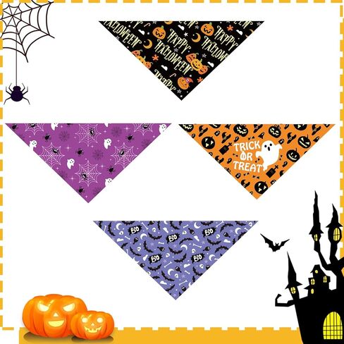 4pcs Halloween Dog Bandana, Adjustable Neckerchief Triangle Dog Scarf Pumpkin Ghost Spider Web Print Bibs Halloween Skeleton Puppy Handkerchief Costume Accessories for Small Medium Large Pet(Style A) in Saudi Arabia