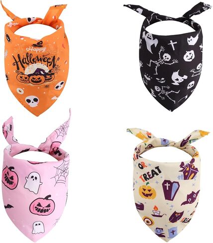 4pcs Halloween Dog Bandana, Adjustable Neckerchief Triangle Dog Scarf Pumpkin Ghost Spider Web Print Bibs Halloween Skeleton Puppy Handkerchief Costume Accessories for Small Medium Large Pet(Style A) in Saudi Arabia